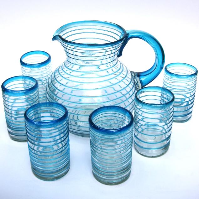 MEXICAN GLASSWARE / Aqua Blue Spiral 120 oz Pitcher and 6 Drinking Glasses set / Swirls of aqua blue color embelish this set, reminiscent of the tropical caribbean waters of Cancun.